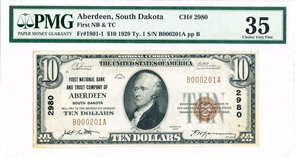 Low Serial Number 1929 First National Bank & Trust Company Aberdeen, SD $10 Note Type 1 PMG VF35 (1 of 2)