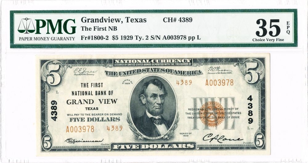 Rare 1929 The First National Bank of Grandview, Texas $5 Note Type 2 PMG VF35 EPQ (1 of 2)