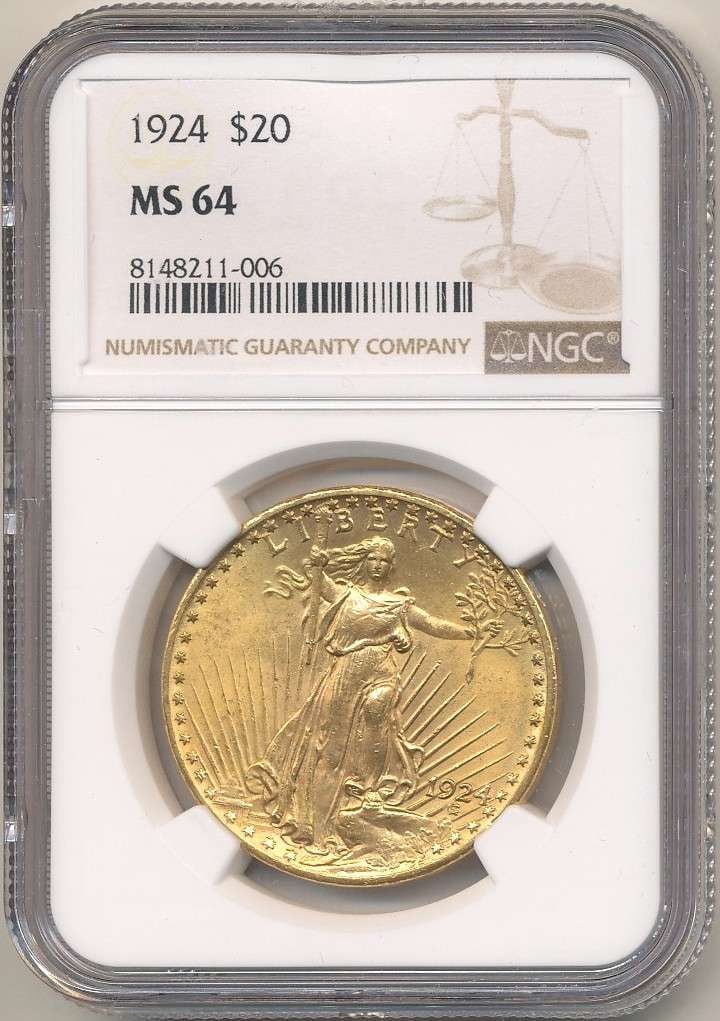 Last Minute! 1924 Gold $20 Saint Gaudens NGC MS64: Winner shall receive the exact coin shown here. (RR/TVC=PUEB)