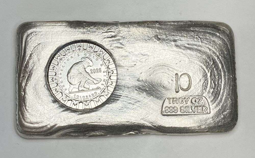 Last Minute! Hand Poured 2026 "Prospector's Gold & Gems Colorado" 10 ozt .999 Silver Bar (1 of 5)