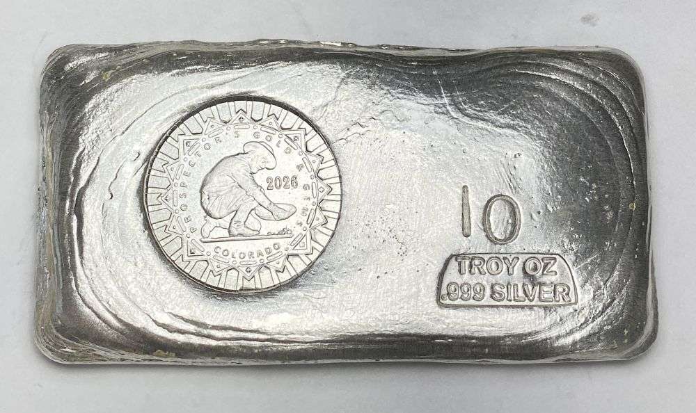 Last Minute! Hand Poured 2026 "Prospector's Gold & Gems Colorado" 10 ozt .999 Silver Bar (1 of 5)