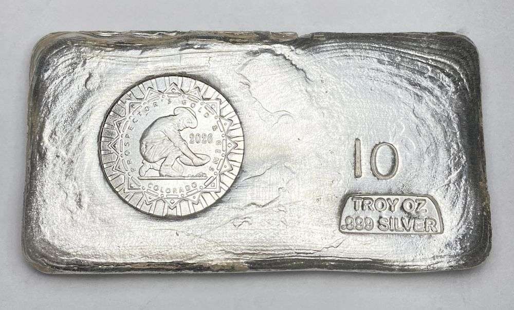 Last Minute! Hand Poured 2026 "Prospector's Gold & Gems Colorado" 10 ozt .999 Silver Bar: Winner shall receive the exact bar shown here. (RR/FBB)