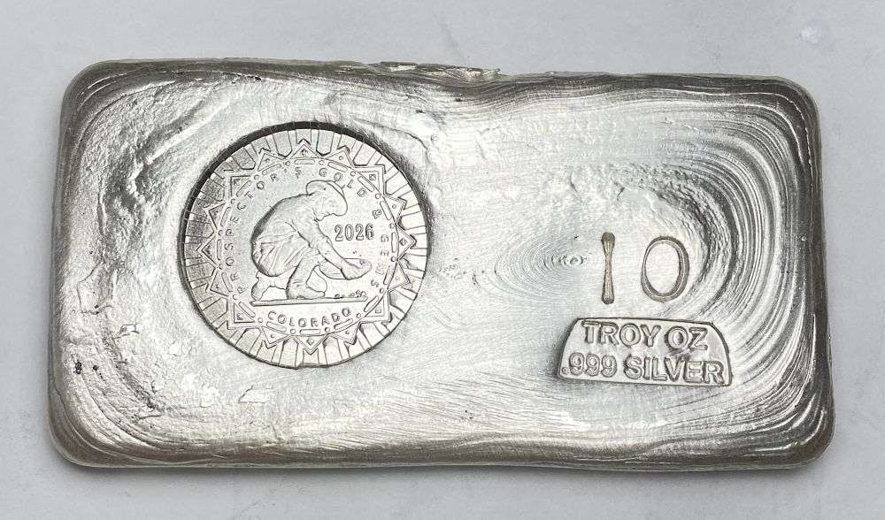 Last Minute! Hand Poured 2026 "Prospector's Gold & Gems Colorado" 10 ozt .999 Silver Bar (1 of 5)