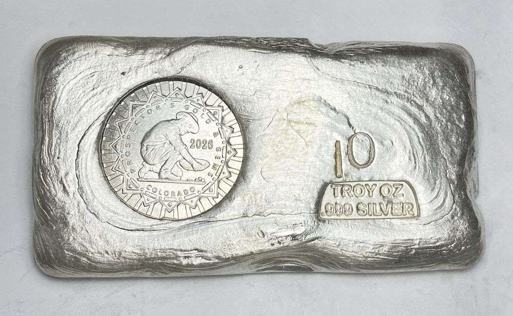 Last Minute! Hand Poured 2026 "Prospector's Gold & Gems Colorado" 10 ozt .999 Silver Bar (1 of 5)