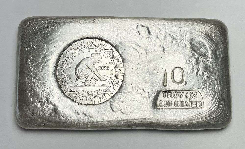 Last Minute! Hand Poured 2026 "Prospector's Gold & Gems Colorado" 10 ozt .999 Silver Bar (1 of 5)