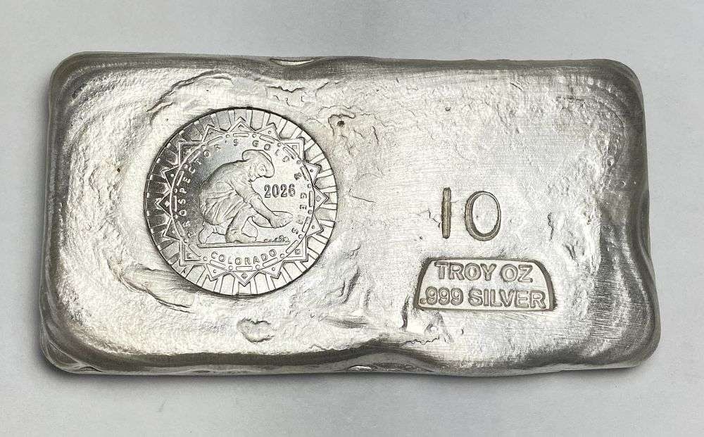 Last Minute! Hand Poured 2026 "Prospector's Gold & Gems Colorado" 10 ozt .999 Silver Bar (1 of 5)