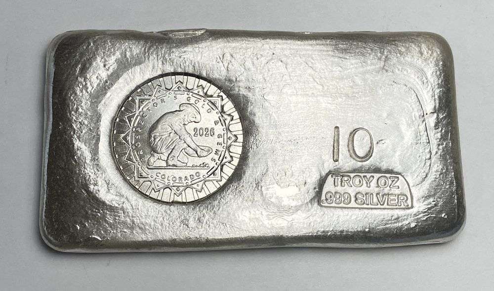 Last Minute! Hand Poured 2026 "Prospector's Gold & Gems Colorado" 10 ozt .999 Silver Bar (1 of 5)