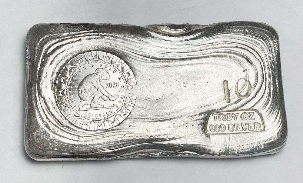 Last Minute! Hand Poured 2026 "Prospector's Gold & Gems Colorado" 10 ozt .999 Silver Bar: Winner shall receive the exact bar shown here. (RR/FBB)