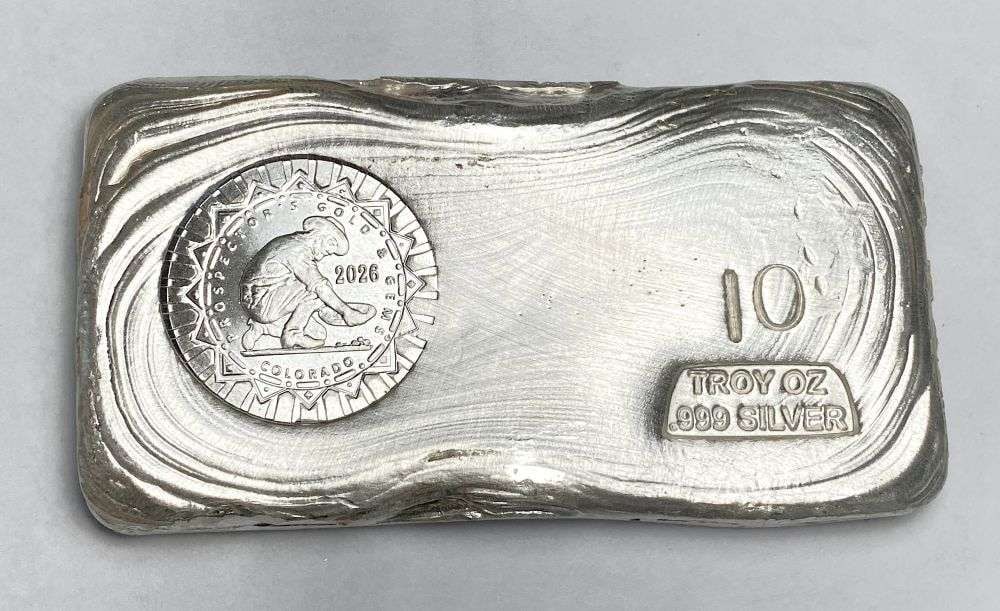 Last Minute! Hand Poured 2026 "Prospector's Gold & Gems Colorado" 10 ozt .999 Silver Bar: Winner shall receive the exact bar shown here. (RR/FBB)
