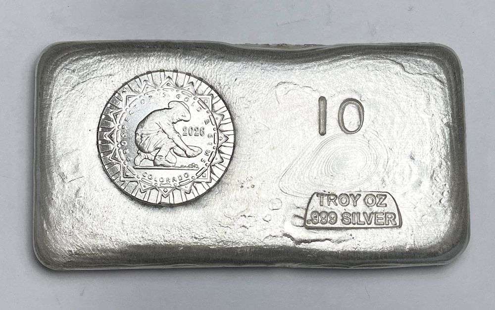 Last Minute! Hand Poured 2026 "Prospector's Gold & Gems Colorado" 10 ozt .999 Silver Bar: Winner shall receive the exact bar shown here. (RR/FBB)
