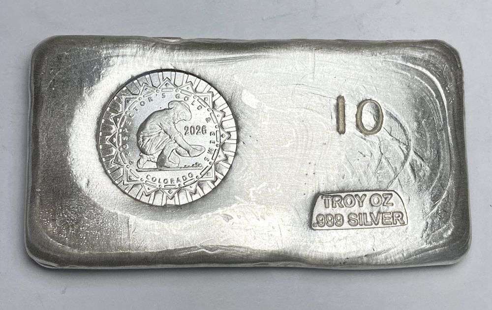 Last Minute! Hand Poured 2026 "Prospector's Gold & Gems Colorado" 10 ozt .999 Silver Bar: Winner shall receive the exact bar shown here. (RR/FBB)