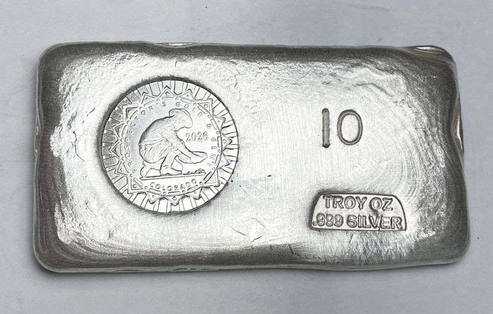 Last Minute! Hand Poured 2026 "Prospector's Gold & Gems Colorado" 10 ozt .999 Silver Bar (1 of 5)