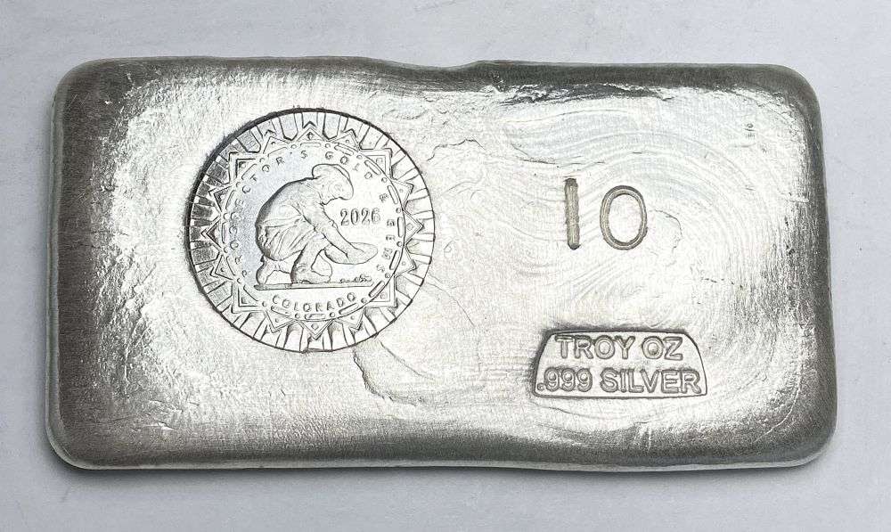 Last Minute! Hand Poured 2026 "Prospector's Gold & Gems Colorado" 10 ozt .999 Silver Bar (1 of 5)