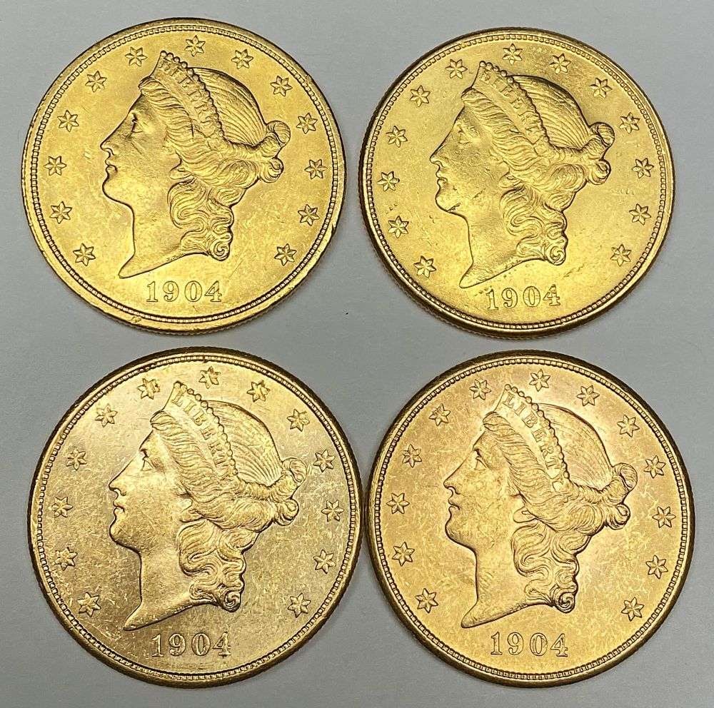 (4) 1904 Gold $20 Liberty Head Average MS63: Winner shall receive (4) coins precisely resembling the ones shown here. Please allow 2-4 weeks for delivery. (RR/LTRUB)
