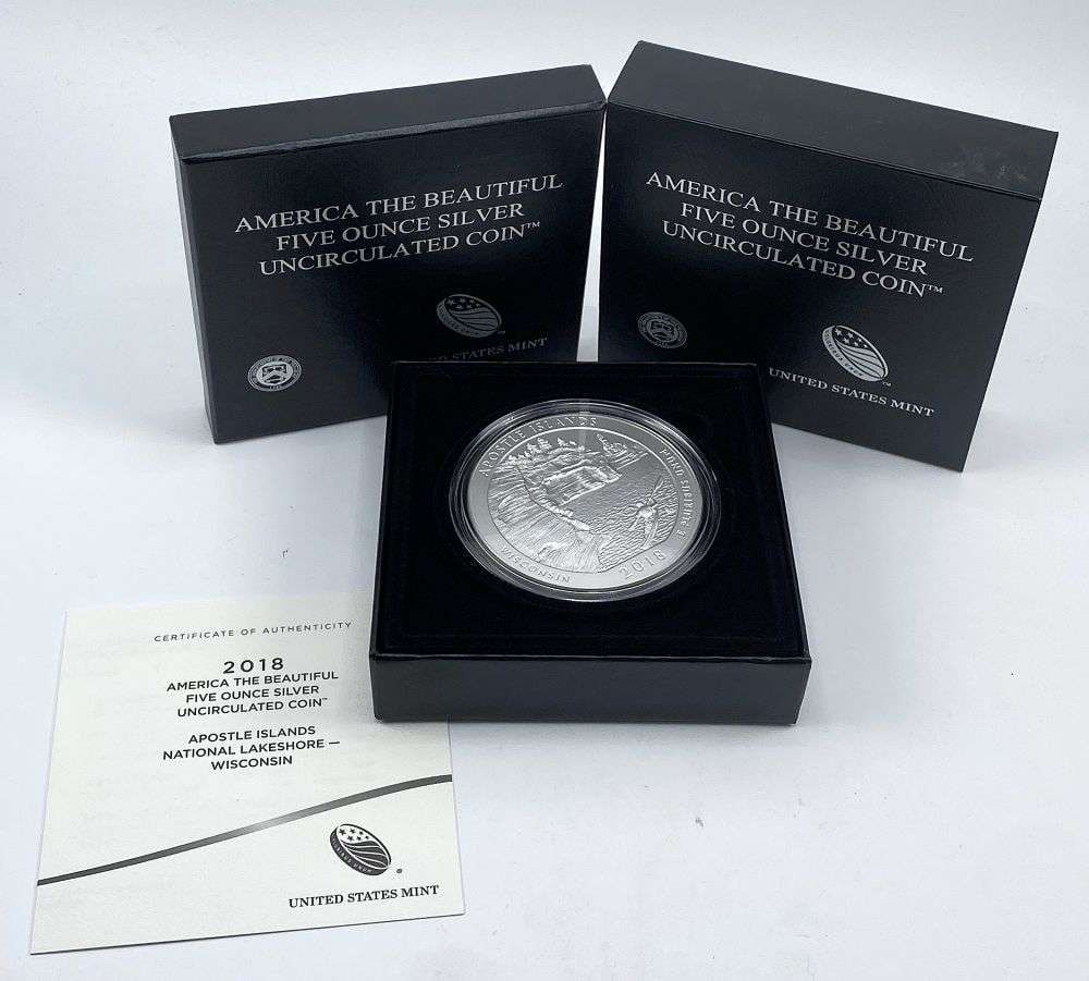 Last Minute Rarity! 2018-P ATB Wisconsin "Apostle Islands" 5 ozt .999 Silver: Winner shall receive the exact coin shown here. (RR/B)