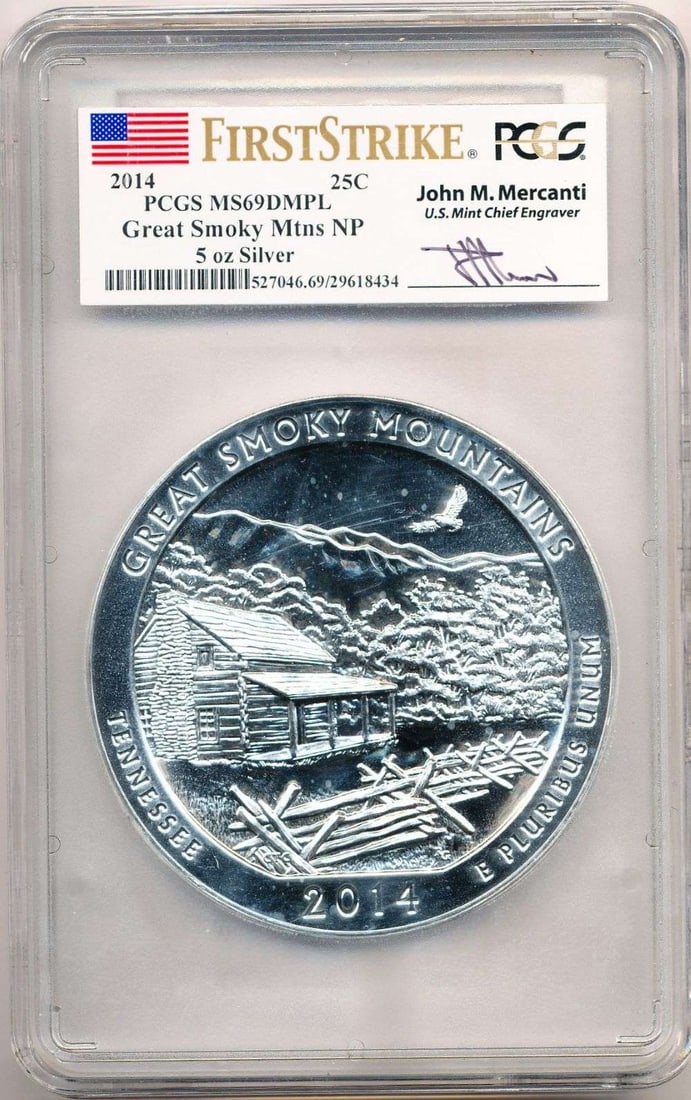 Last Min! 2014 ATB Tennessee Great Smoky Mountains 5 ozt Silver PCGS MS69 DMPL Signed John Mercanti (1 of 4)