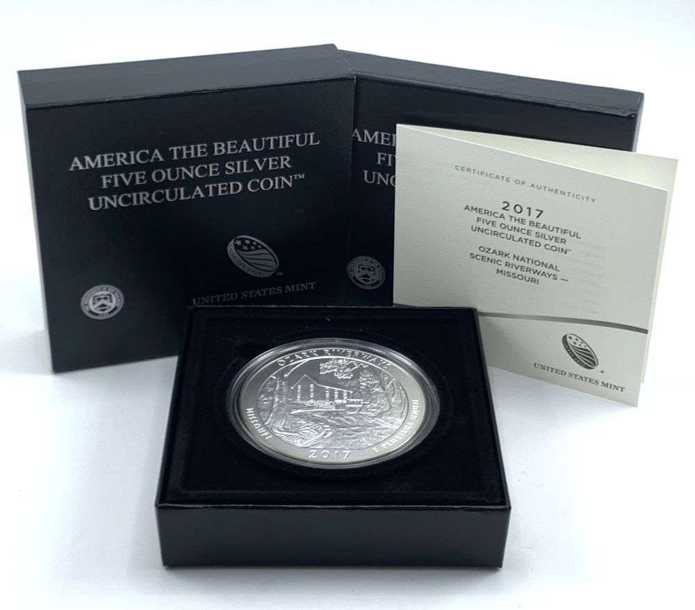 Last Minute Rarity! 2017-P ATB Missouri "Ozark Riverways" 5 ozt .999 Silver: Winner shall receive the exact coin shown here. (MR/B)