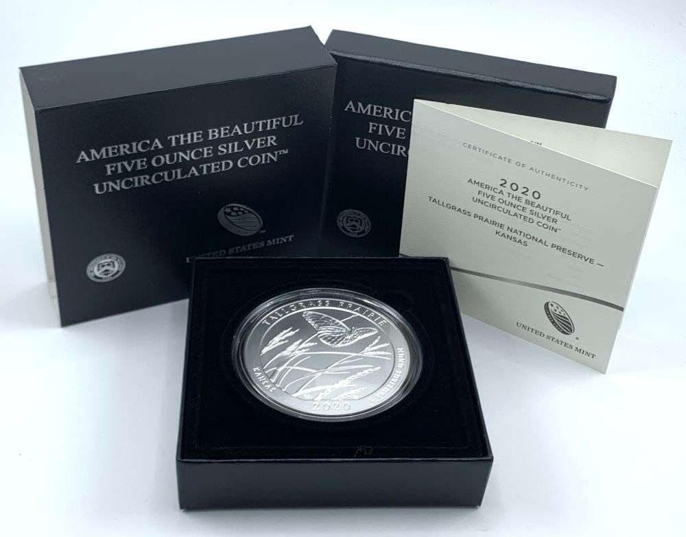 Last Minute Rarity! 2020-P ATB Kansas "Tallgrass Prairie" 5 ozt .999 Silver: Winner shall receive the exact coin shown here. (MR/B)