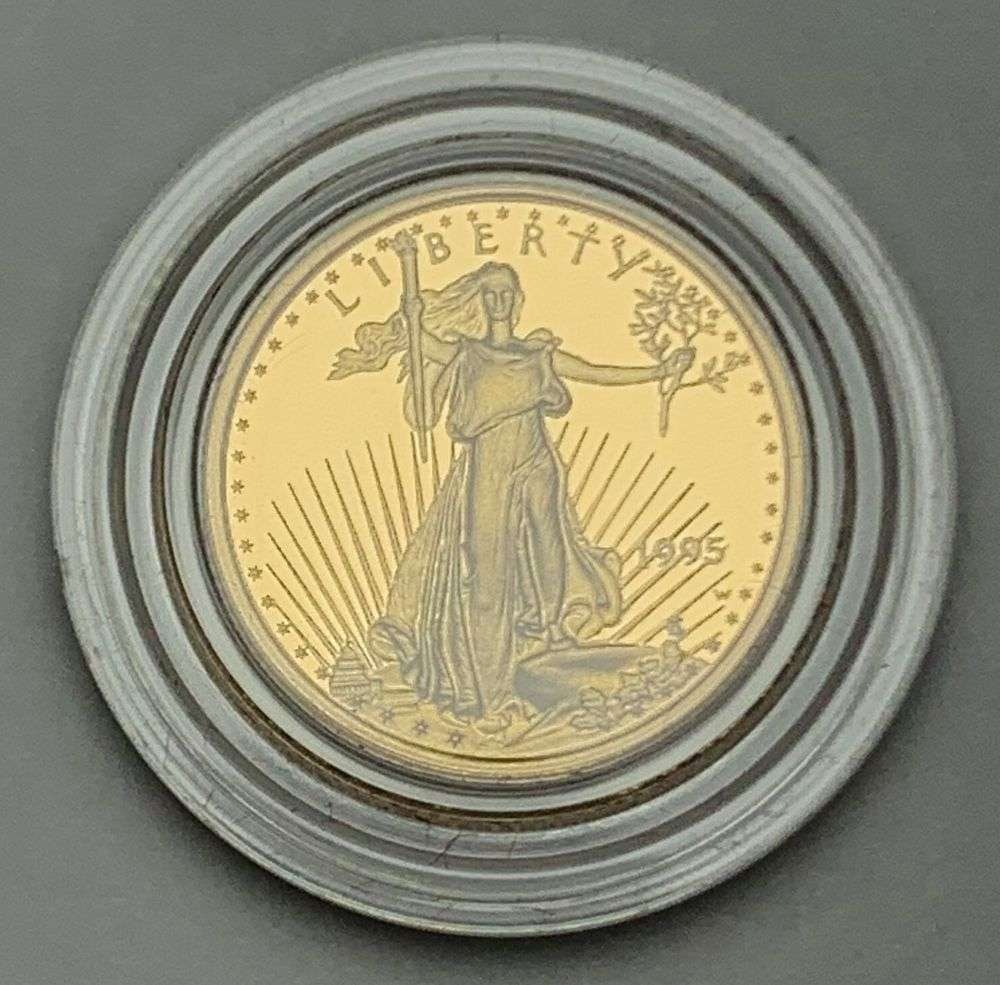 Last Minute! Key Date Proof 1995-W American $5 Gold Eagle 1/10th ozt: Coin 1/4 from 1995 gold proof set. Winner of majority of this 4 coin set (Lot #355, #357,#358, and #359) will receive the orginal government packaging included with the set. Winner shall receive the e