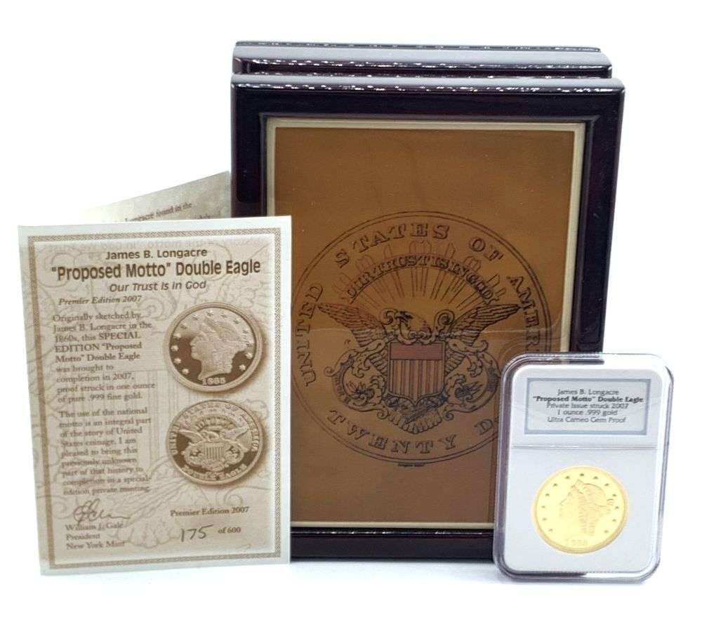 Last Minute! 1865 James B. Longacre "Proposed Motto" Double Eagle 1 ozt .999 Gold NGC Gem Proof UC: Winner shall receive the exact coin shown here. (MR/SOMP=PREB)