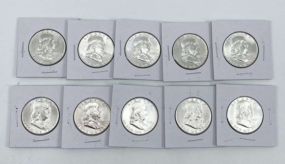 (10) Super Fresh Vintage 1963-D Franklin Silver Half Dollars High Grade: We recently received a large, super fresh, amazing consignment of franklins that have been put away for a generation. These coins are fresh, mint condition, never touched, never graded, never handled.