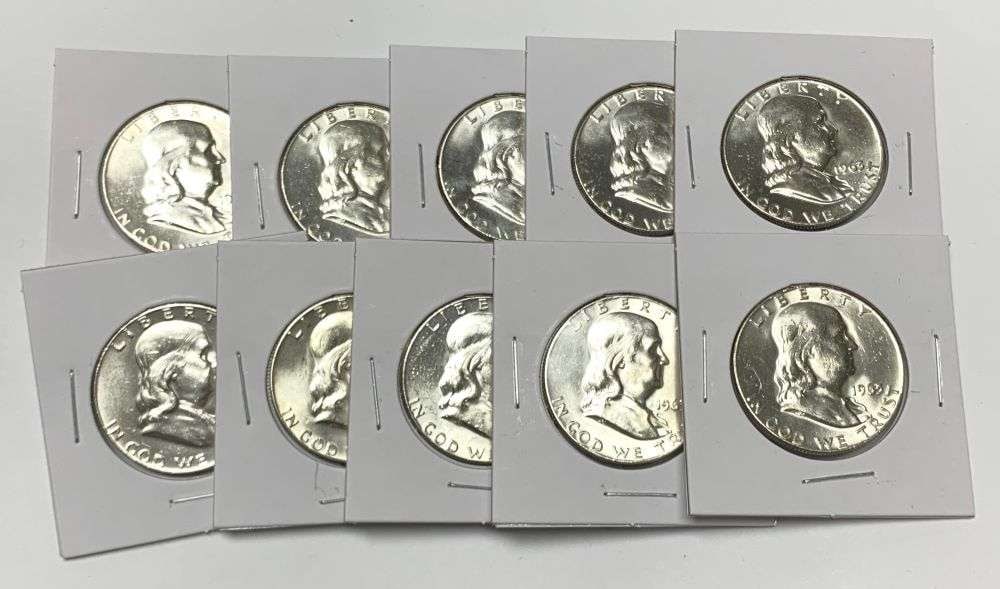(10) Super Fresh Vintage 1963-D Franklin Silver Half Dollars High Grade: We recently received a large, super fresh, amazing consignment of franklins that have been put away for a generation. These coins are fresh, mint condition, never touched, never graded, never handled.