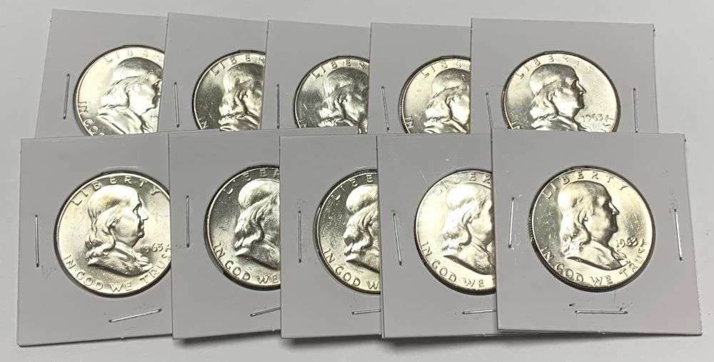 (10) Super Fresh Vintage 1963-D Franklin Silver Half Dollars High Grade (1 of 4)