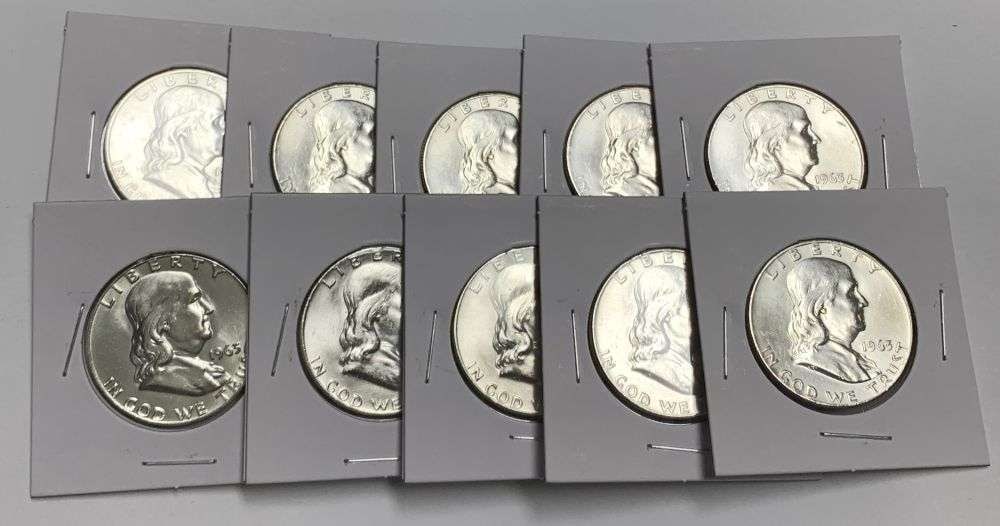 (10) Super Fresh Vintage 1963-D Franklin Silver Half Dollars High Grade: We recently received a large, super fresh, amazing consignment of franklins that have been put away for a generation. These coins are fresh, mint condition, never touched, never graded, never handled.