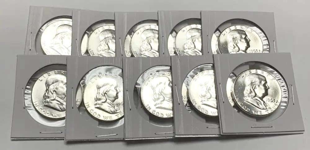 (10) Super Fresh Vintage 1963 Franklin Silver Half Dollars High Grade: We recently received a large, super fresh, amazing consignment of franklins that have been put away for a generation. These coins are fresh, mint condition, never touched, never graded, never handled.