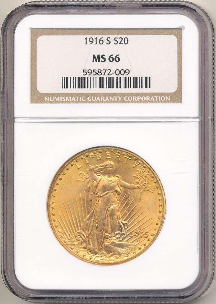 1916-S Gold $20 Saint Gaudens NGC MS66: We are proud to offer a deal that has been put away for a generation. Winner shall receive the exact coin shown here. (RR/SOMP=LBK)