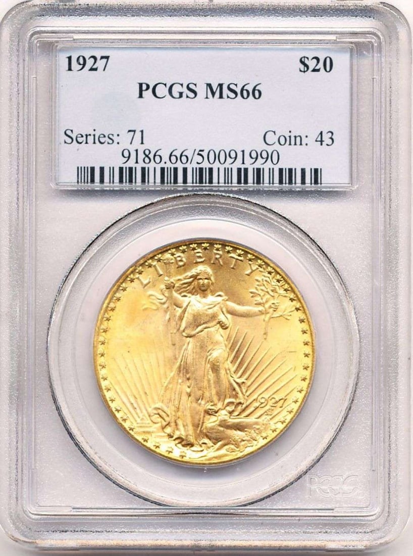 1927 Gold $20 Saint Gaudens PCGS MS66: We are proud to offer a deal that has been put away for a generation. Winner shall receive the exact coin shown here. (MR/SOMP=RK)