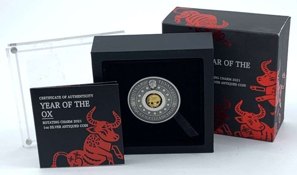 Rare Silver Antiqued 2021 Tuvalu Year of the Ox Rotating Charm 1 ozt .9999 Silver Dollar: Winner shall receive the exact coin shown here. (MR/RB)