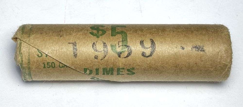 Vintage Bank Wrapped Roll (50-coins) BU 1959-P Roosevelt Silver Dime: If you were lucky enough to find one of these coins in this exact roll shown here and it went MS67+ full torch, it would be worth $1,100 according to the PCGS priceguide on June 12th, 2026. Winner sha