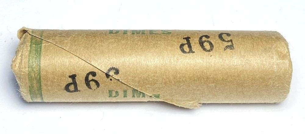 Vintage Bank Wrapped Roll (50-coins) BU 1959-P Roosevelt Silver Dime: If you were lucky enough to find one of these coins in this exact roll shown here and it went MS67+ full torch, it would be worth $1,100 according to the PCGS priceguide on June 12th, 2026. Winner sha