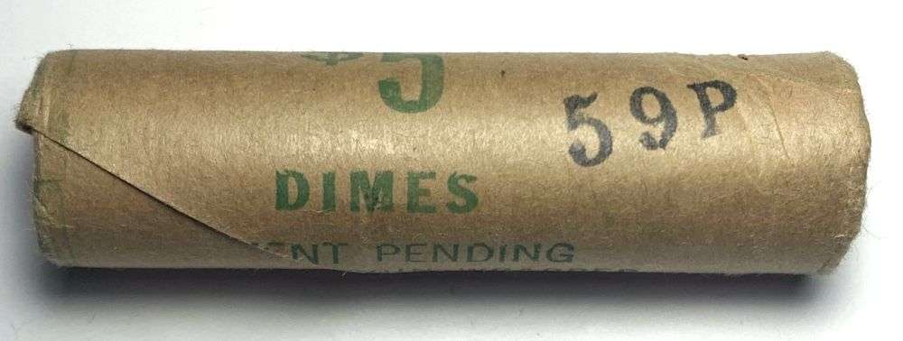 Vintage Bank Wrapped Roll (50-coins) BU 1959-P Roosevelt Silver Dime: If you were lucky enough to find one of these coins in this exact roll shown here and it went MS67+ full torch, it would be worth $1,100 according to the PCGS priceguide on June 12th, 2026. Winner sha