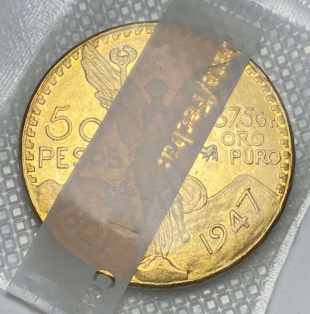 Last Minute! 1947 Mexico Gold 50 Pesos 1.205 ozt AGW: Winner shall receive the exact coin shown here. (RR)