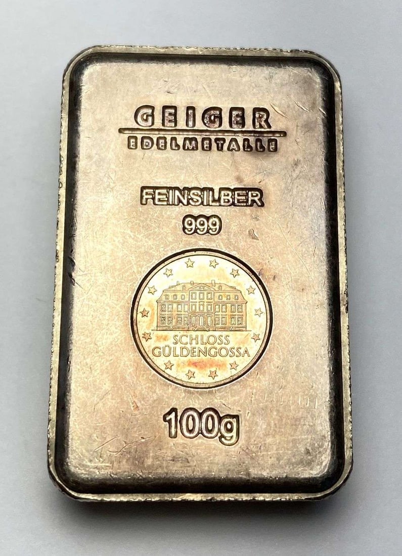 Geiger Edelmetalle 100g .999 Silver Bar: Winner shall receive the exact bar shown here. (RR)