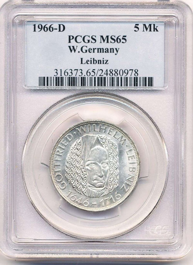 Satin Pearl 1966-D Leibniz German 5 Mark Silver PCGS MS65: Winner shall receive the exact coin shown here. (MR)