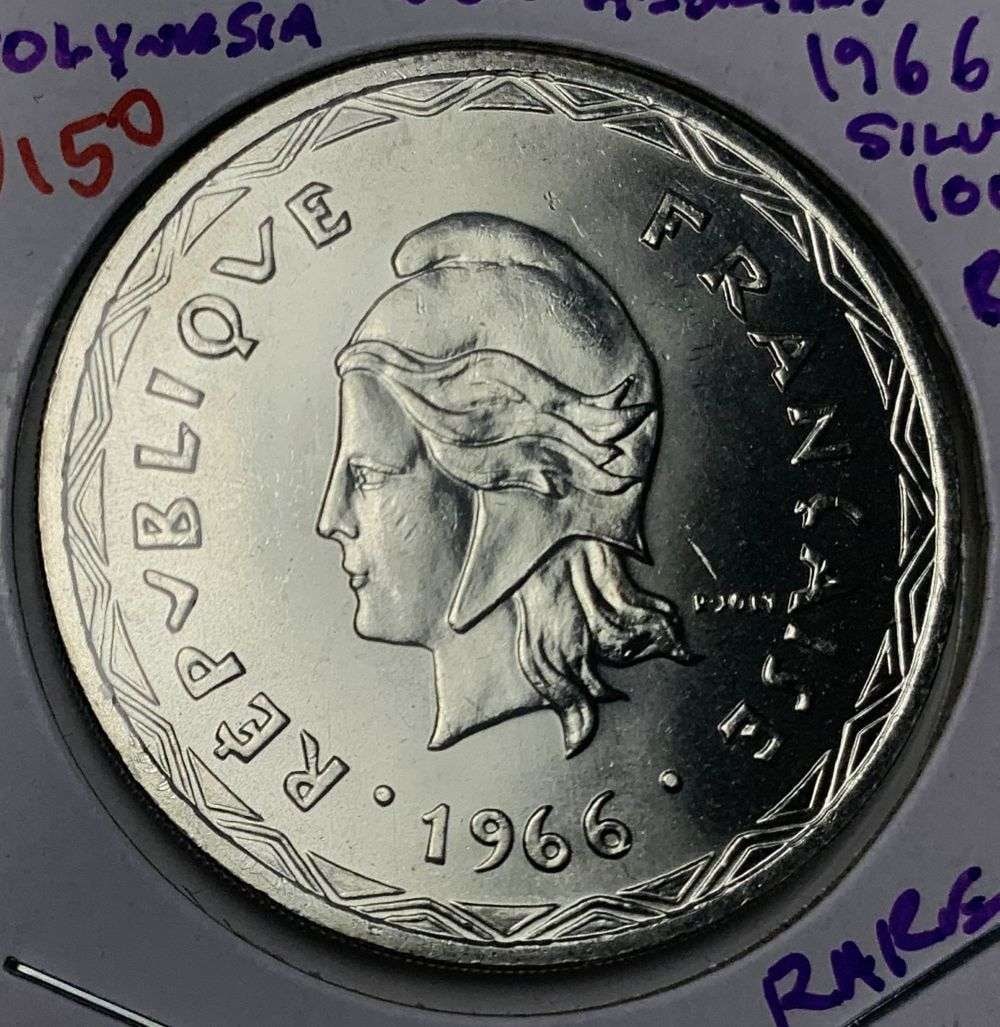 1966 New Hebrides French Polynesia Silver 100 Francs Proof: Winner shall receive the exact coin shown here. (MR)