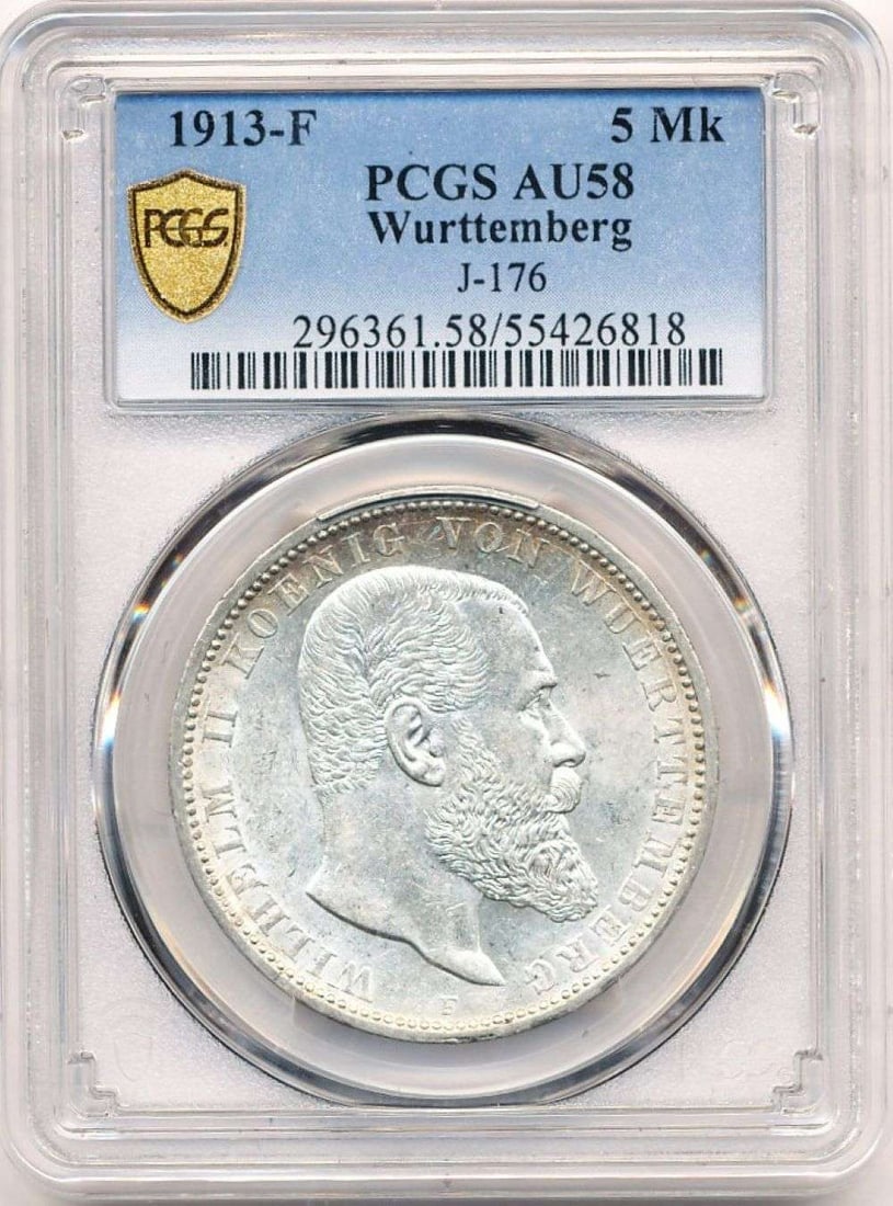 1913-F German Wurttemberg Silver 5 Mark PCGS AU58 (1 of 4)