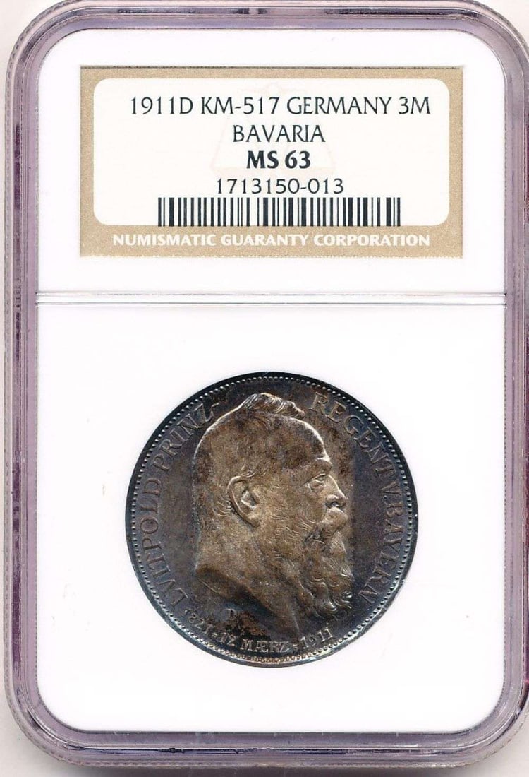 Monster Toning 1911-D Germany Silver 3 Mark Bavaria NGC MS63 (1 of 4)