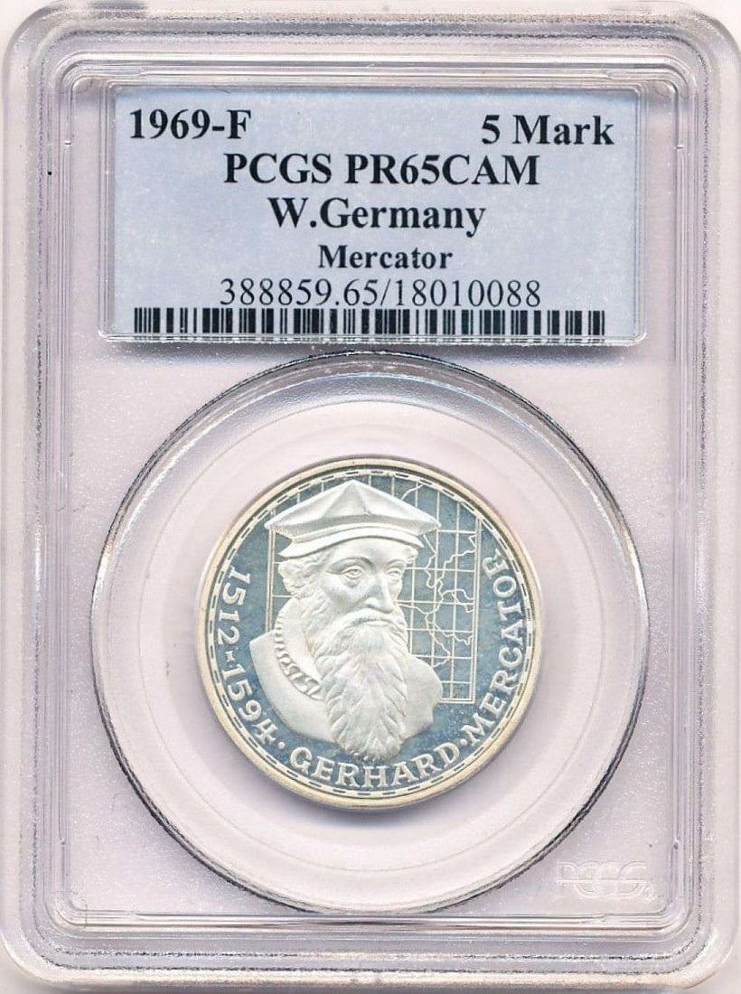 1969-F West Germany Mecator Silver 5 Mark PCGS PR65 Cameo: Winner shall receive the exact coin shown here. (MR)