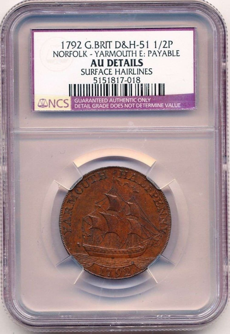 1792 Great Britian Norfolk-Yarmouth Half Penny AU Details (1 of 4)