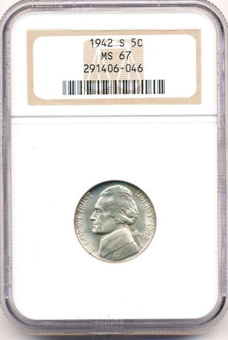1942-S Jefferson Silver War Nickel NGC MS67: Winner shall receive the exact coin shown here. (MR/TVC= B)