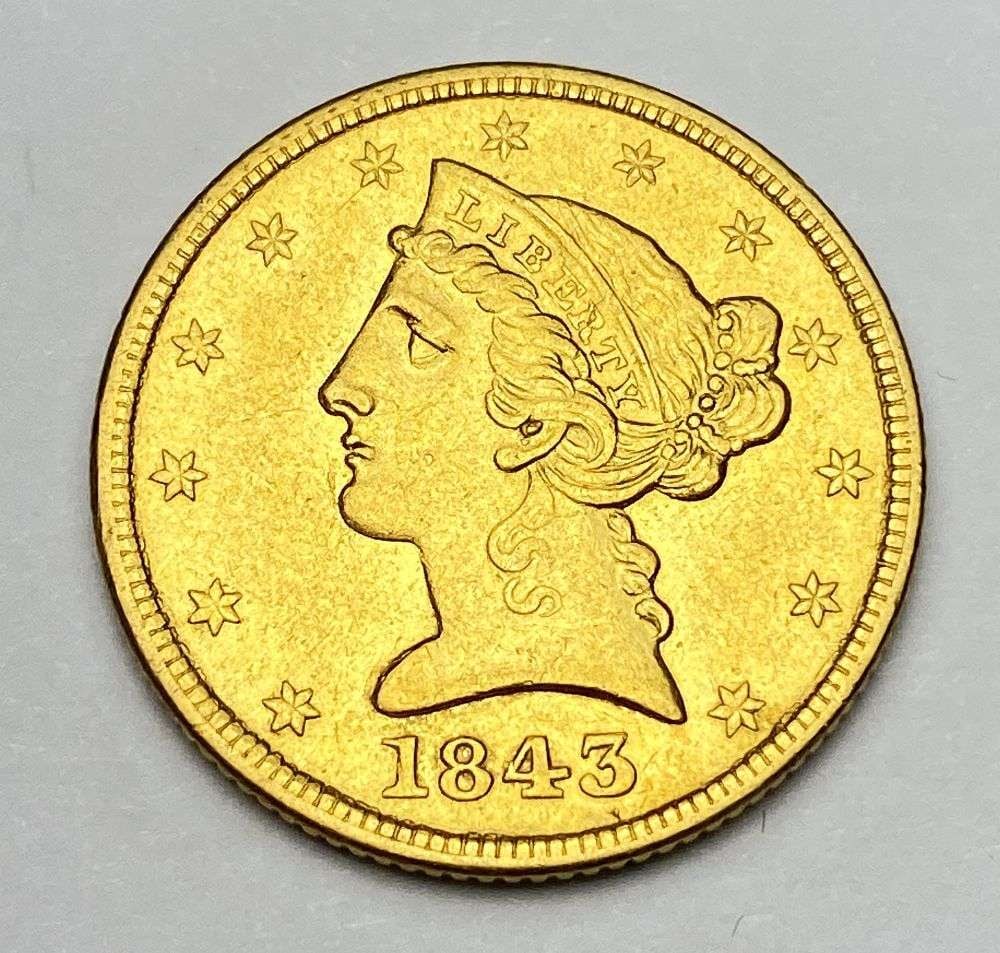 Rare No Motto 1843 Gold $5 Liberty Head MS62 (1 of 2)