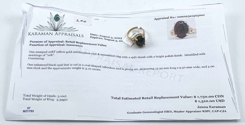 3.10ct Black Opal Oval Shaped Ring 10k Yellow Gold (size 6.5): Winner shall receive the exact item shown here. (MR)