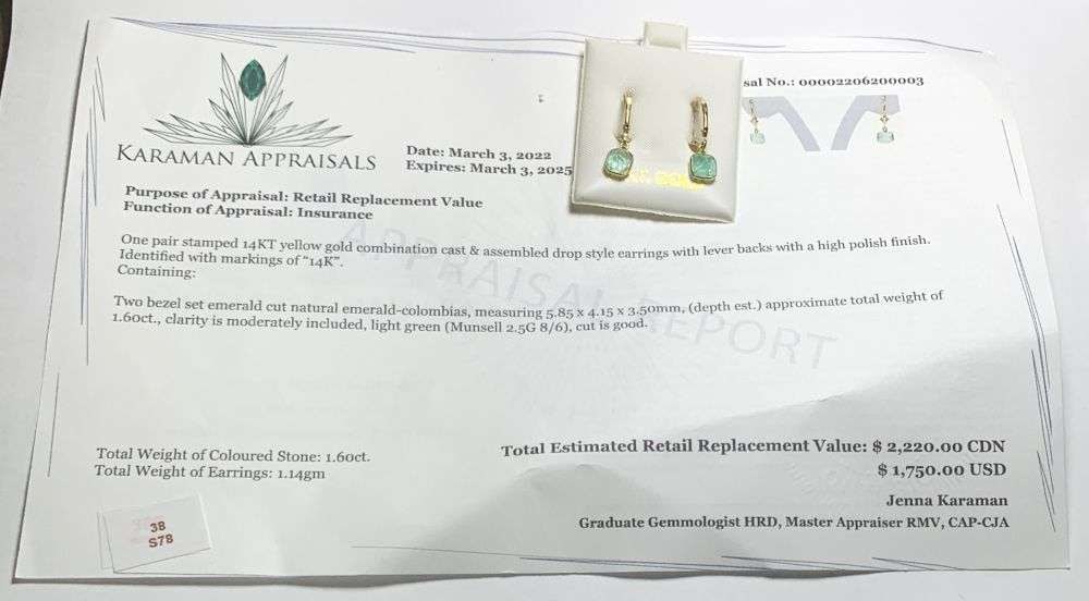 1.60ct Bezel Emerald Cut Emerald 14k Yellow Gold Drop Style Earrings: Winner shall receive the exact item shown here. (MR)