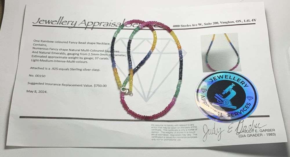 37ct Rainbow Colored Sapphires & Natural Emeralds .925 Sterling Clasp Necklace (7.5 inches): Winner shall receive the exact item shown here. (MR)