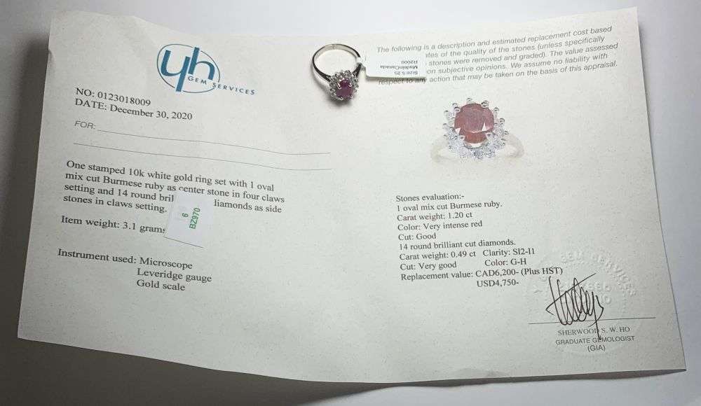 1.20ct Oval Burmese Ruby 10k White Gold Ring (size 5.5): Winner shall receive the exact item shown here. (MR)