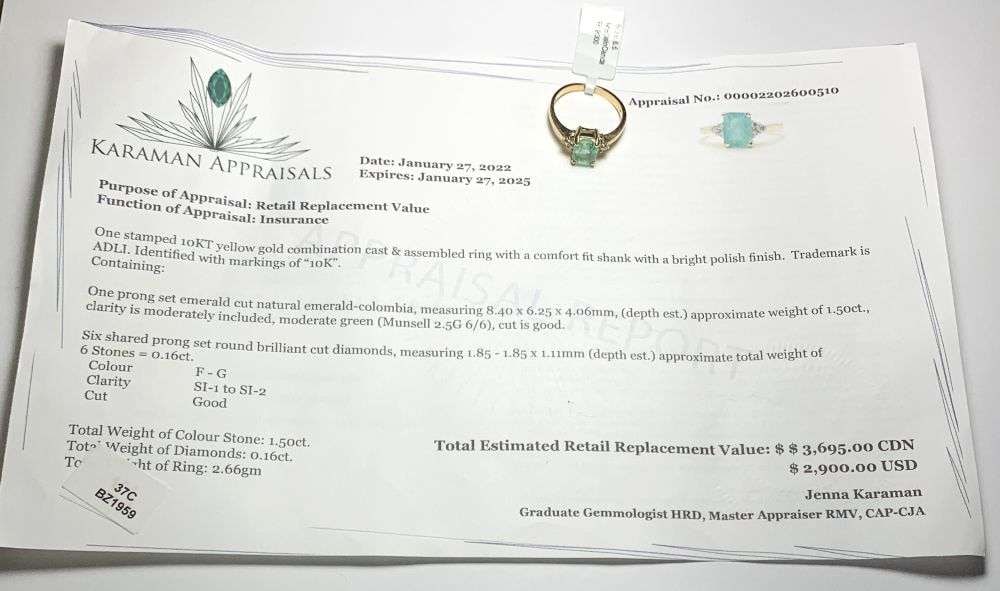 1.50ct Emerald Cut Emerald W/ 0.16ct Diamonds 10k Gold Ring (size 7.5): Winner shall receive the exact item shown here. (MR)